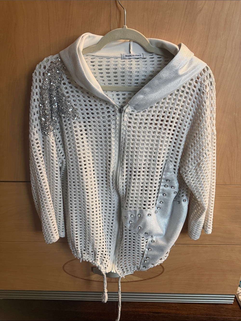 White Open-Knit Zip Hoodie Sweater with Embellishments